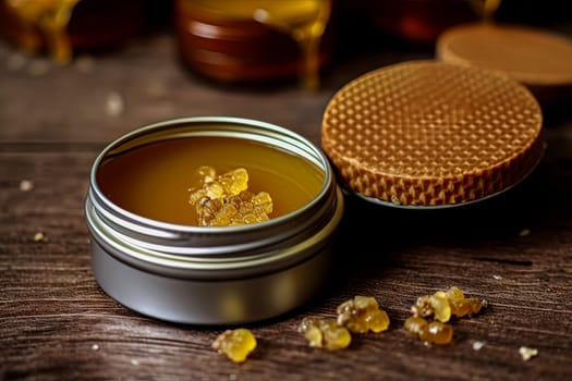 A metal jar of beeswax for the face sits on the table, providing hydration and skincare for both face and body.