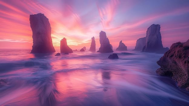 A beautiful sunset over the ocean, with a rocky shoreline in the background. The sky is filled with pink and orange hues, creating a serene and peaceful atmosphere
