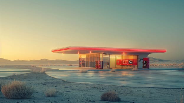 A gas station with a red roof and neon lights. The sky is orange and the sun is setting