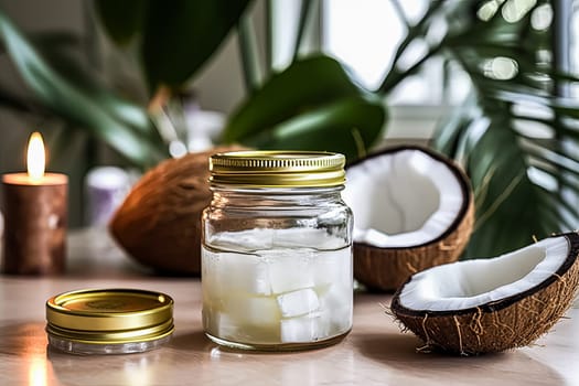 A jar of coconut milk sits on a table next to a half-cut coconut. The jar is half full and the coconut is half cut