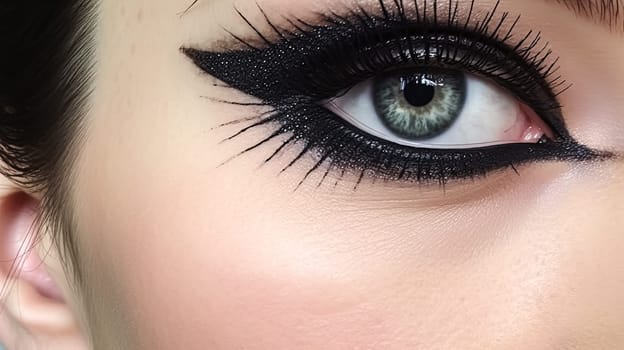 A woman's eye adorned with vibrant red and black eyeliner, showcasing a bold and striking evening makeup look.