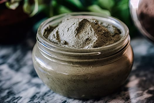 A jar of powder is sitting on a marble counter. The jar is half full and the powder is a light brown color