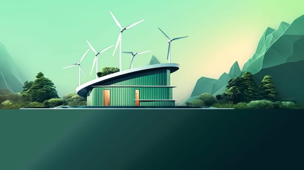 A green building with a wind turbine on top. The building is surrounded by trees and mountains