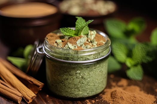 A jar of sugar scrub with peppermint sits on the table surrounded by herbs and mint, representing natural body care.