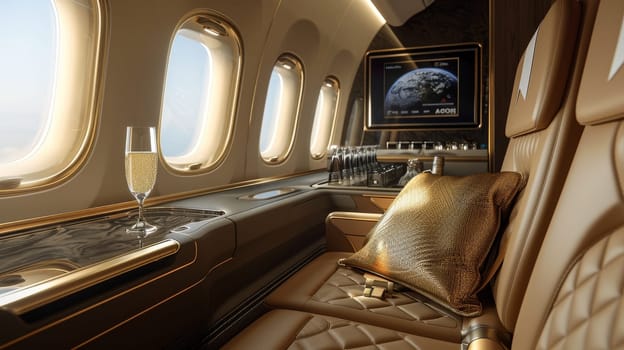 A luxurious airplane with two leather seats and a champagne glass. Private seat on private jet.