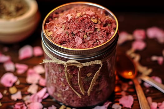 A jar of pink bath salt with rose extract is on the table, accompanied by a spoon.