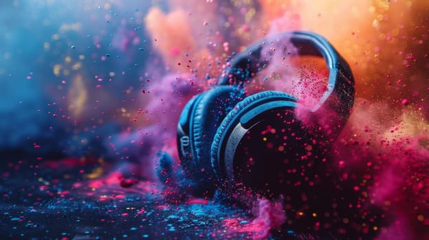 A pair of headphones is surrounded by colorful powder, creating a vibrant and energetic atmosphere. The headphones are positioned in the center of the image, drawing attention to their design