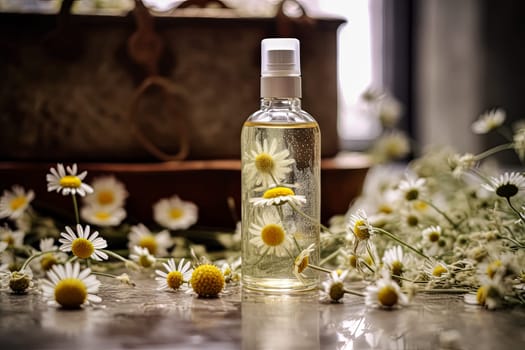 A bottle of essential oil is on a table next to a bunch of yellow flowers. The bottle is made of glass and has a cork stopper