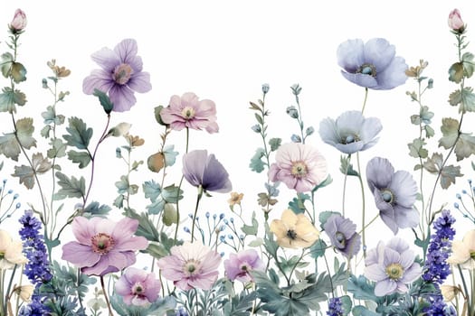 A painting of a field of flowers with a white background. The flowers are in various colors, including purple, blue, and yellow. The painting has a serene and peaceful mood