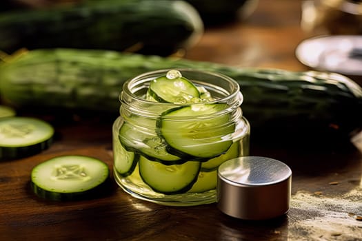 A jar of cucumber juice with a cucumber slice in it. The jar is on a table with other cucumbers