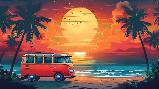 A red van parked on the beach at sunset, with the sky painted in shades of orange and pink, reflecting on the vehicles windows. Nearby plants and trees add to the natural beauty