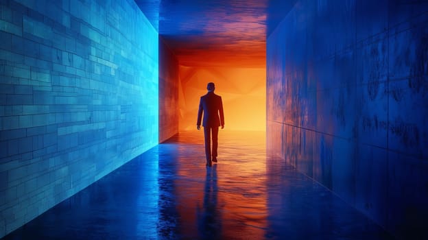 A man walks through a tunnel with a sunset in the background. The tunnel is empty and the man is the only person in the scene