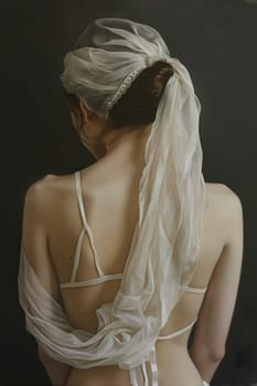 A woman in a white top and veil with intricate sleeve detailing, accentuating her chest and waist. The bridal accessory adds to the elegant look for a special event