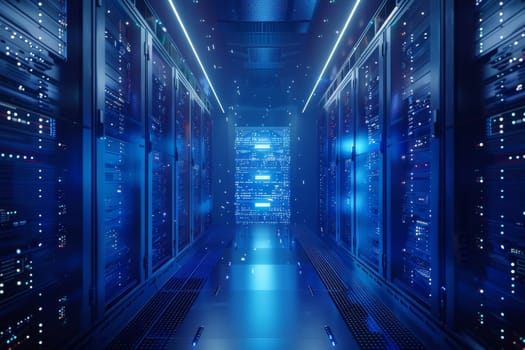 A large room with many computer servers and a blue light. The room is very large and has a futuristic feel to it