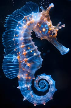 A close up of a seahorse, a Syngnathiformes organism with a unique jaw structure, in the dark underwater. Its electric blue color is a work of art in marine biology