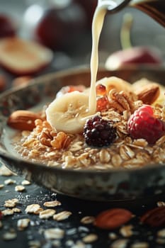 A bowl of cereal with milk poured into it. The bowl is blue and has a design on it. There are strawberries and nuts in the bowl