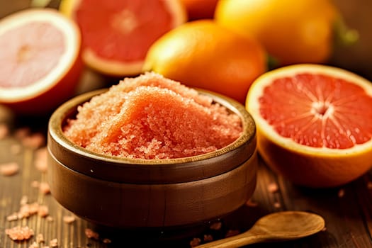 A glass jar with grapefruit salt scrub for the body, a concept of body care cosmetics. Sliced grapefruit rounds are placed around it.