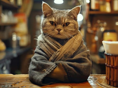 A cat is sitting at a bar with a black robe on and a serious expression. The cat is looking at the camera and he is in a position of power