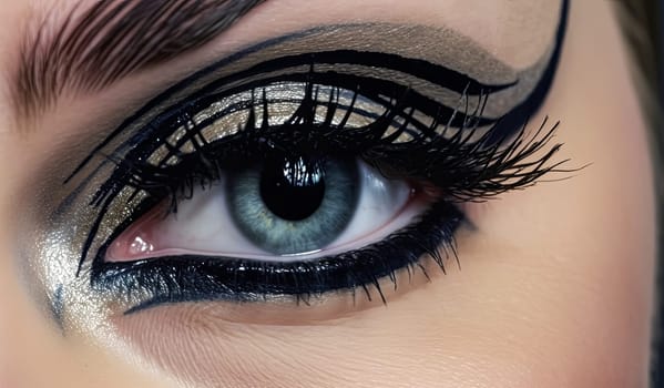 A woman's eye adorned with vibrant red and black eyeliner, showcasing a bold and striking evening makeup look.