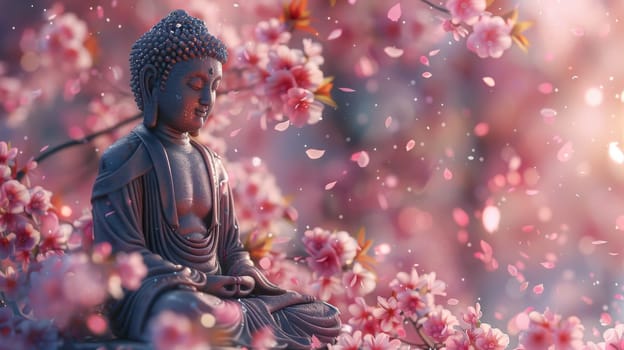 A statue of a Buddha is sitting on a tree branch with pink flowers. The scene is serene and peaceful, with the statue and flowers creating a sense of calm and tranquility