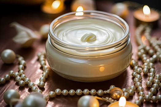 A gold-colored container filled with many white pearls, some scattered around it and others piled on top. Concept of luxury and elegance. Face cream in pearl form.