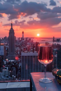 A wine glass rests on a table against the backdrop of a city skyline during sunset, with skyscrapers towering in the atmospheric sky