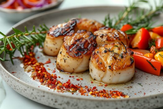 A plate of food with scallops and vegetables.