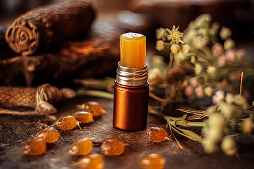 A bottle of oil is on a table with some dried flowers. The bottle is orange and has a lid. The flowers are yellow and white