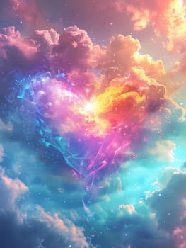 A colorful heart is surrounded by clouds in a sky. The heart is made up of different colors, and the clouds are also colorful. The image has a dreamy and whimsical mood