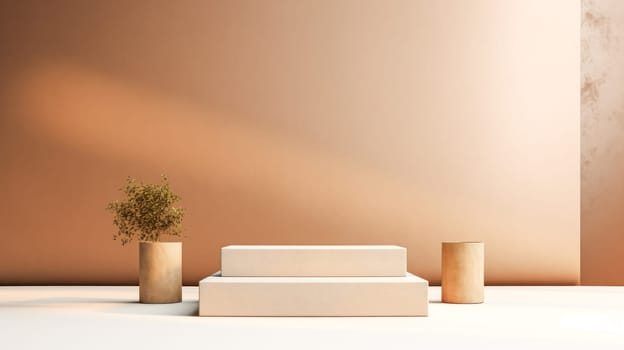 A white wall with a brown background and a white pedestal with two steps. A plant is on the left side of the pedestal