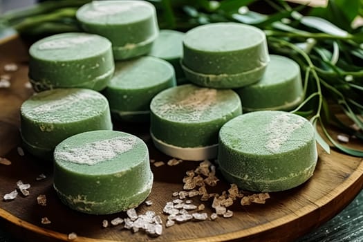 A stack of green bath bombs with a cross on them. The bath bombs are piled on top of each other on a wooden table