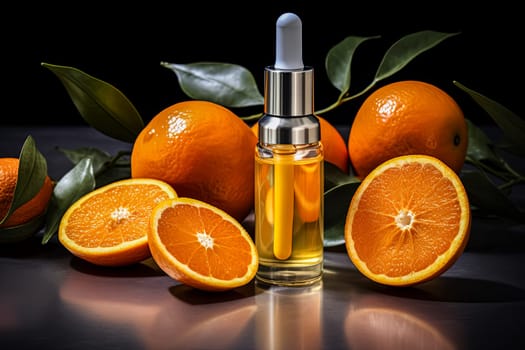 A bottle of orange face oil sits on the table surrounded by oranges, representing natural skincare.