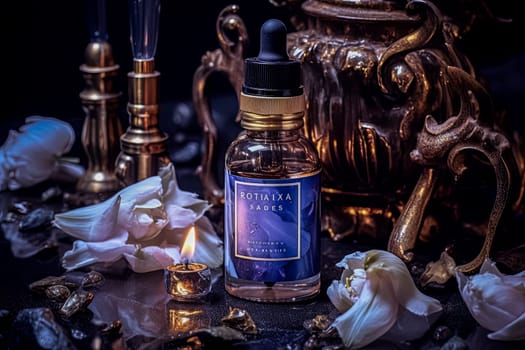 A bottle of perfume is on a table next to a candle. The bottle is blue and has a gold label