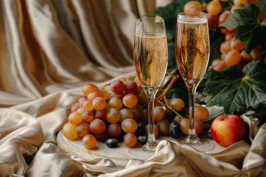 Two wine glasses filled with champagne are on a table with grapes. The wine glasses and grapes create a festive and celebratory atmosphere