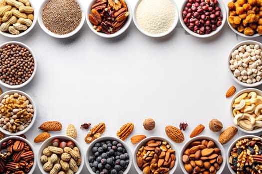An assortment of nuts and seeds in bowls displayed on a white background. These natural foods are versatile ingredients in various cuisines, perfect for adding sweetness and nutrition to dishes