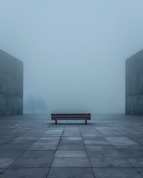 An outdoor bench sits in the center of a foggy park, surrounded by grey skies and eerie atmospheric phenomena. The wood bench adds a touch of warmth amidst the cool tints and shades of the fog