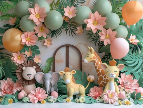 A group of stuffed animals are arranged in a room with pink walls and pink balloons. The animals include giraffes, elephants, and zebras. The scene is set up for a baby shower or a children's party