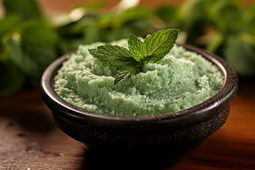 A jar of sugar scrub with peppermint sits on the table surrounded by herbs and mint, representing natural body care.