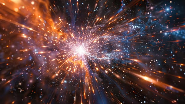 A bright blue and orange starburst in space. The bright orange star is surrounded by a blue and white swirl of stars