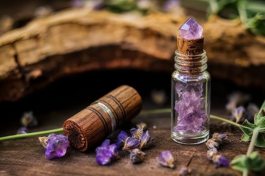 Two small bottles of lavender perfume are on a wooden table next to purple flowers, evoking a calming and aromatic atmosphere.