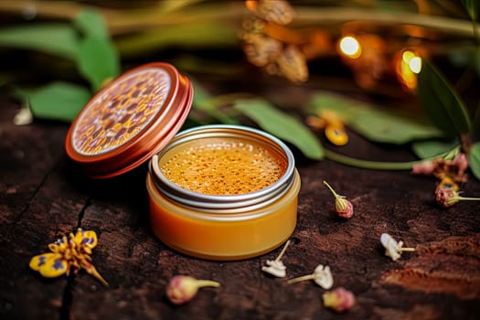 A metal jar of beeswax for the face sits on the table, providing hydration and skincare for both face and body.