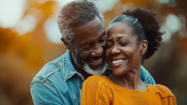 A senior couple of older people are hugging and smiling. The man is wearing a blue shirt and the woman is wearing a yellow sweater. Scene is happy and loving