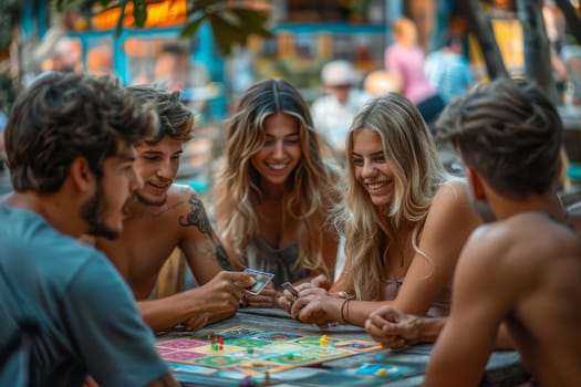 Young diverse people playing board game at park.