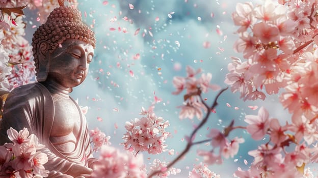 A statue of a Buddha is sitting on a tree branch with pink flowers. The scene is serene and peaceful, with the statue and flowers creating a sense of calm and tranquility