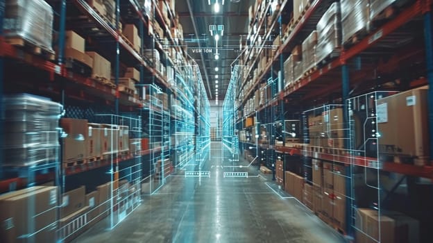 A warehouse with a lot of boxes and shelves. The boxes are lit up with neon lights. The warehouse is very large and has a futuristic feel to it