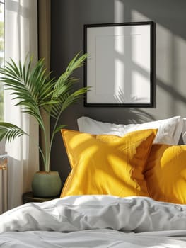 A bed with two pillows, one of which is yellow and the other is green. The bed is in a room with a white wall and a black frame. There is a potted plant in the room