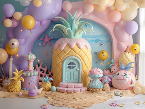 A room decorated with balloons and a pineapple cake. The room has a tropical theme with palm trees and a beach setting