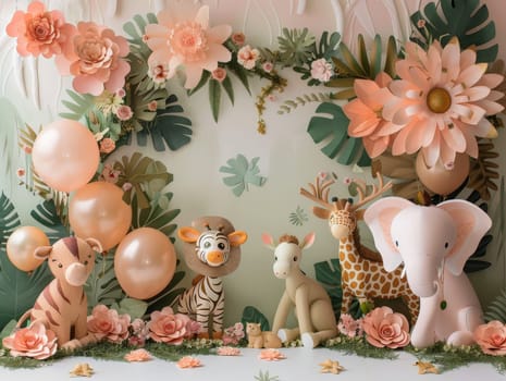 A group of stuffed animals are arranged in a room with pink walls and pink balloons. The animals include giraffes, elephants, and zebras. The scene is set up for a baby shower or a children's party