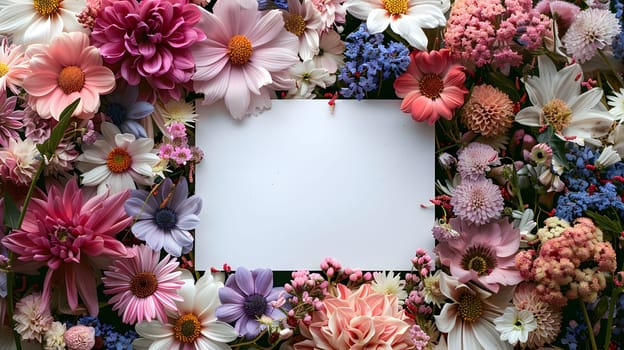 A white card is nestled among vibrant pink, violet, and purple flowers in a creative arrangement. The rectangular card stands out against the colorful petals