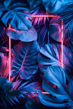 An electric blue neon frame is surrounded by lush tropical leaves in the dark, creating a vibrant contrast of colors reminiscent of a surreal painting